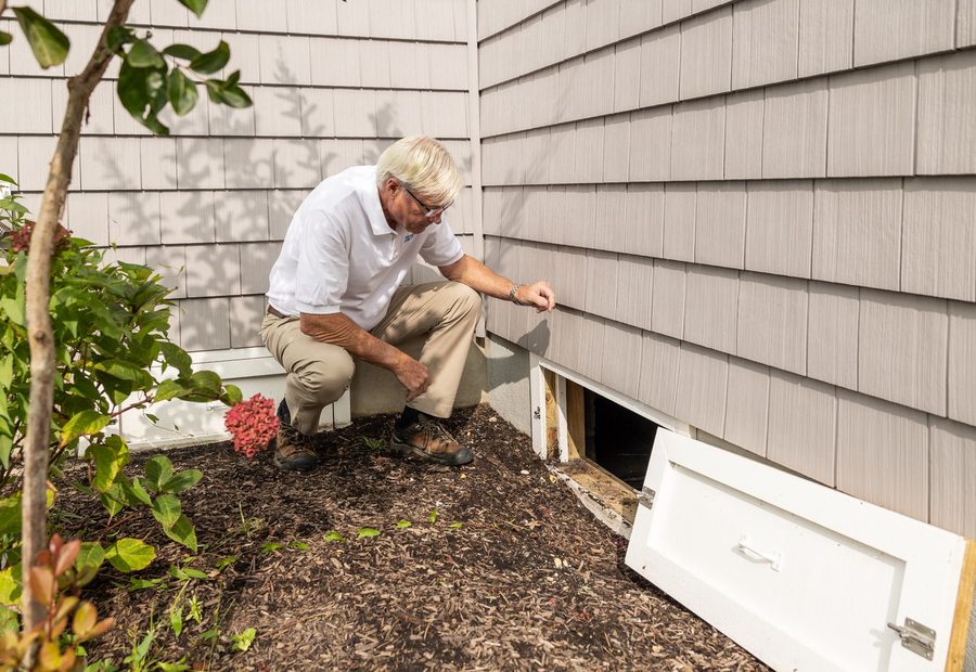 Installer fitting a crawl-space access panel at the base of a manufactured home